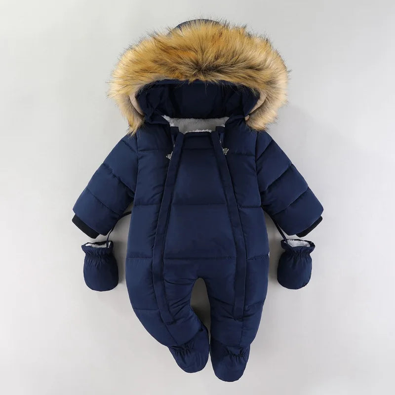 Winter Newborn Baby Girl Clothes Thicken Baby Romper With Gloves Warm Baby Jumpsuit Hooded Plus Velvet Children's Clothing 0-18M