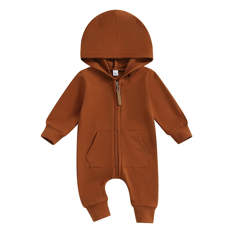 2023-07-19 Lioraitiin 0-12M Newborn Baby Boys Girls Fall Jumpsuits Long Sleeve Solid Zip Up Hooded Rompers Newborn Outfit