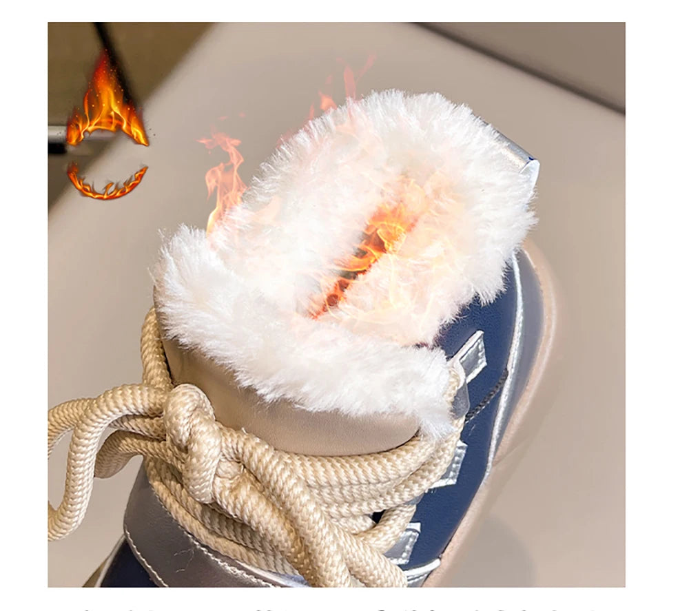 Winter Plush Boots For Children PU Leather Teenager Kid's Snow Boots Thick Warm Faux Fur Children's Cotton Shoes Boy's Girl's