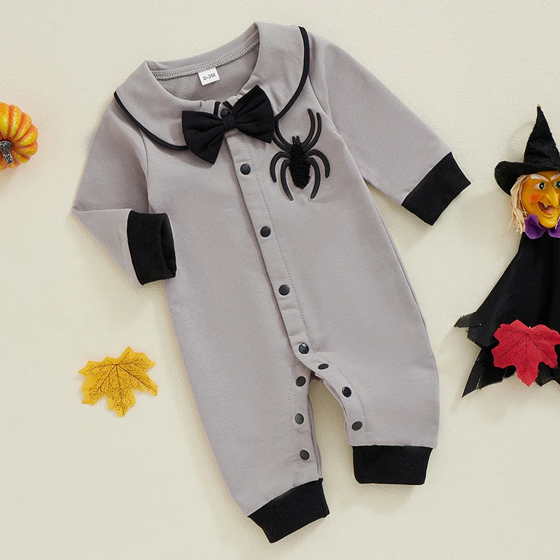 Baby Boy Halloween Romper Spider Embroidered Bow Tie Long Sleeve Lapel Neck Button-up Fall Jumpsuits