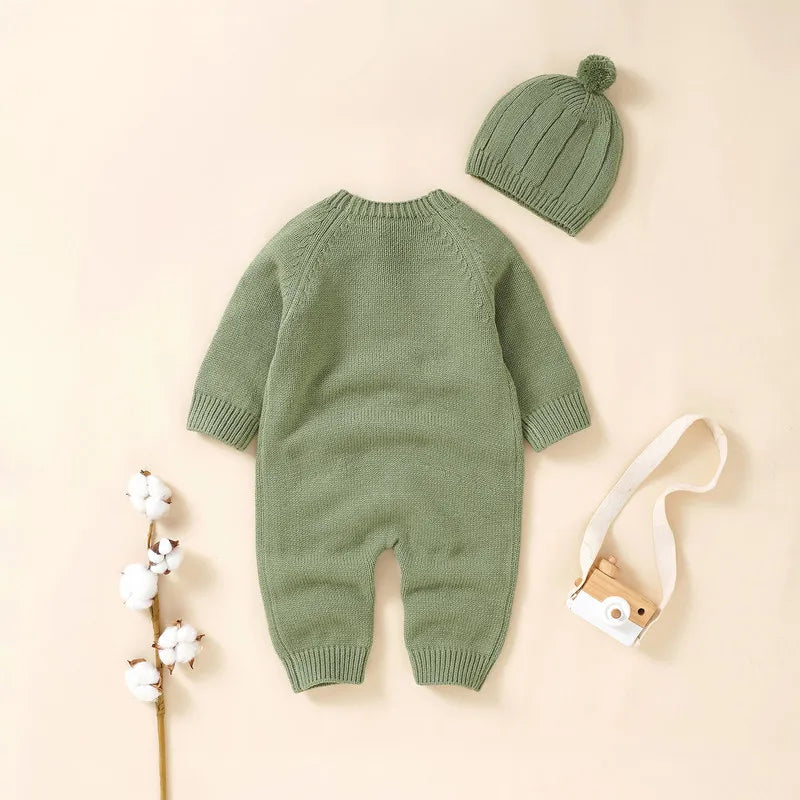 New Born Baby Boy Girl Clothes Knit Jumpsuit Fall Winter 2023 Warm Long Sleeve Crew Neck Button Closure Solid Romper with Hat