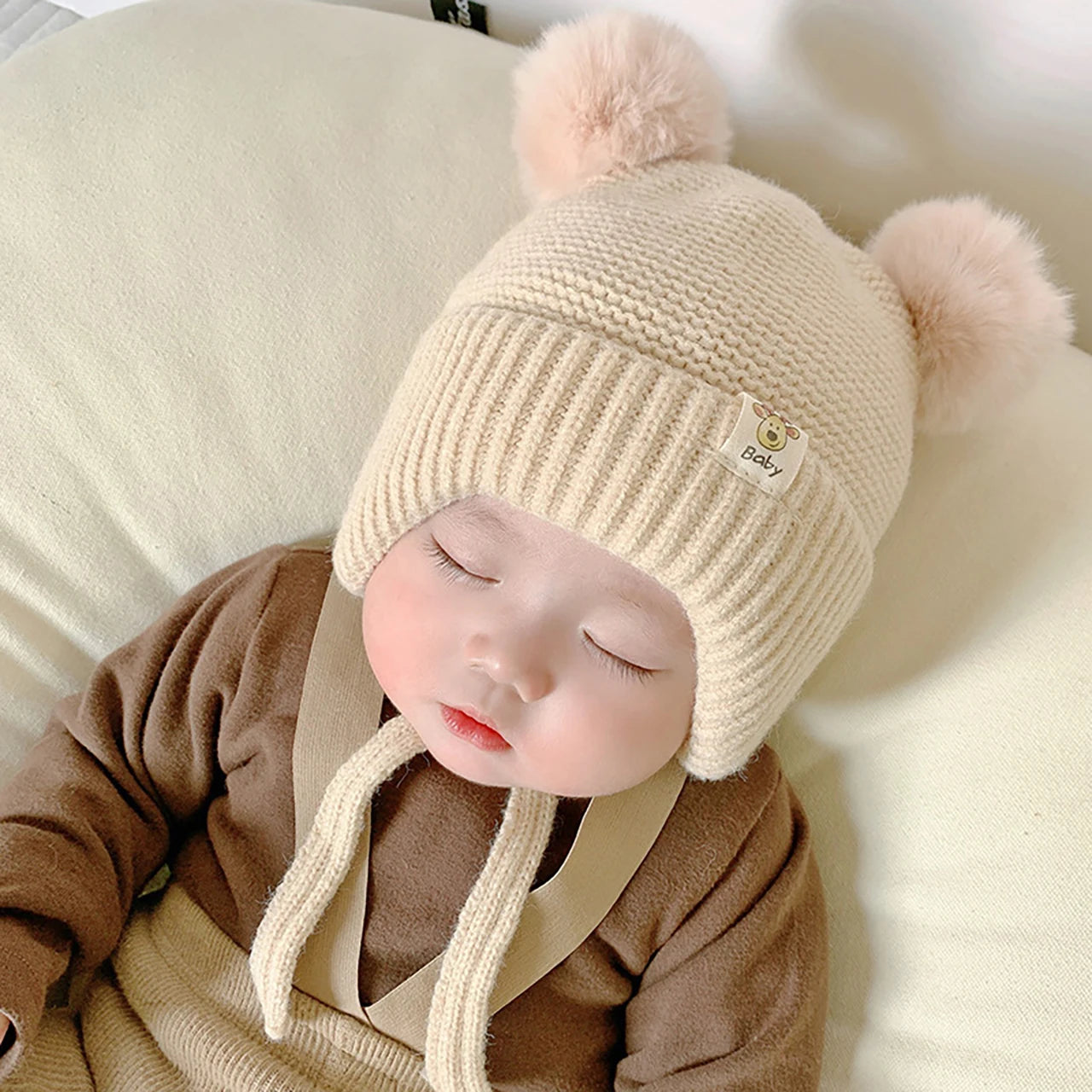 Winter Baby Earflap Hat Warm Thick Knitted Ear Protection Cap for Kids Boy Girl Cute Pompom Cotton Lining Beanie Caps