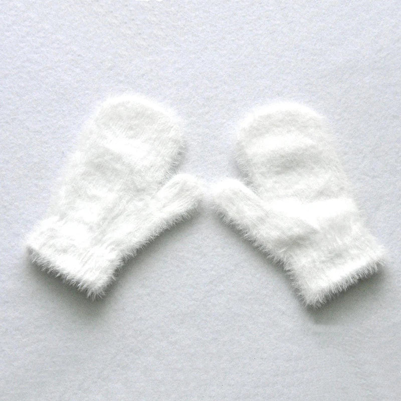 Baby Short Gloves Winter Faux Sable Children Solid Thickened Plush Furry Full Finger Mittens Autumn Hand Warmer 1-4 Years Old