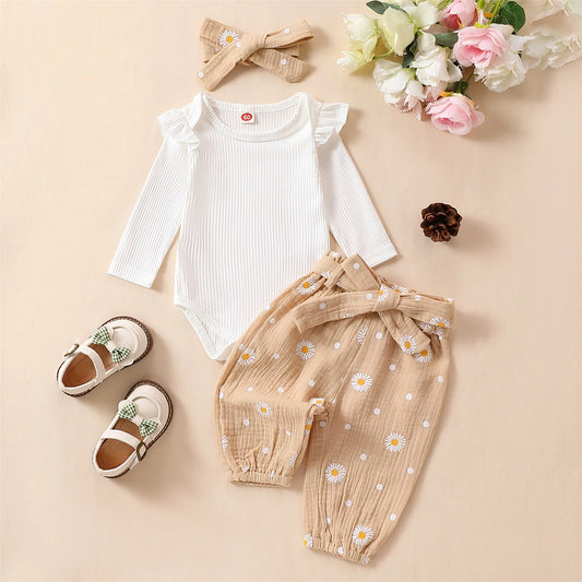 Spring Infant Baby Girls Pants Sets White Long Sleeve Ruffle Romper Daisy Print Belted Pants Headband Autumn Sets