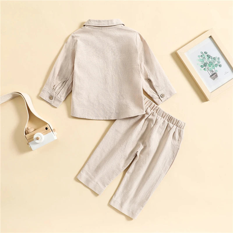 Kids Boys Autumn Clothes Set Solid Color Long Sleeve Button Up Shirt Tops and Elastic Casual Drawstring Pants Outfits
