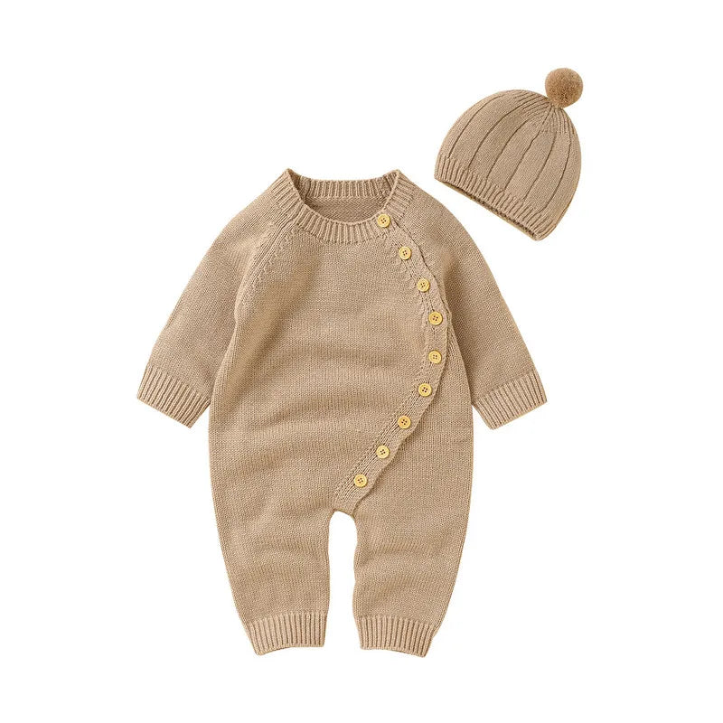 New Born Baby Boy Girl Clothes Knit Jumpsuit Fall Winter 2023 Warm Long Sleeve Crew Neck Button Closure Solid Romper with Hat
