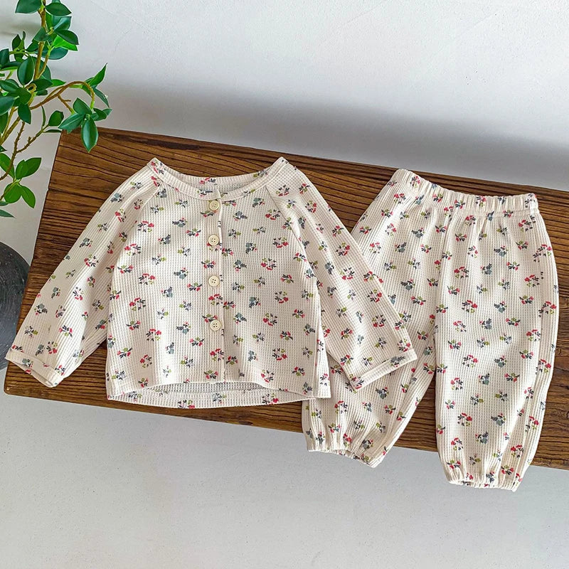 2024 Baby Pajamas Set Loungewear Sleepwear Kids Long Sleeve Boy Girl Breathable Cotton Waffer Top and Bottom Children's Clothes