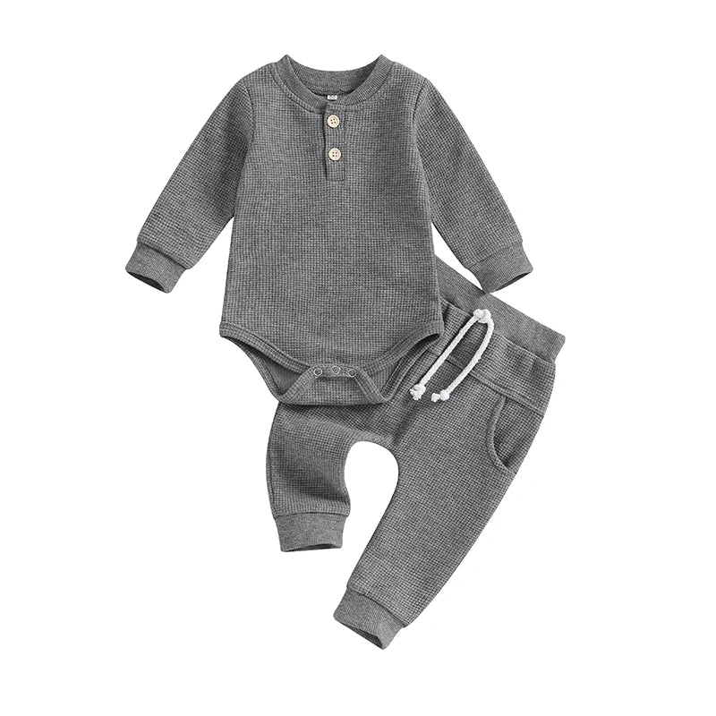 Pudcoco Infant Baby Girll Boy Waffle Jumpsuit Outfits Solid Color Long Sleeve Romper with Elastic Waist Pants 0-12M