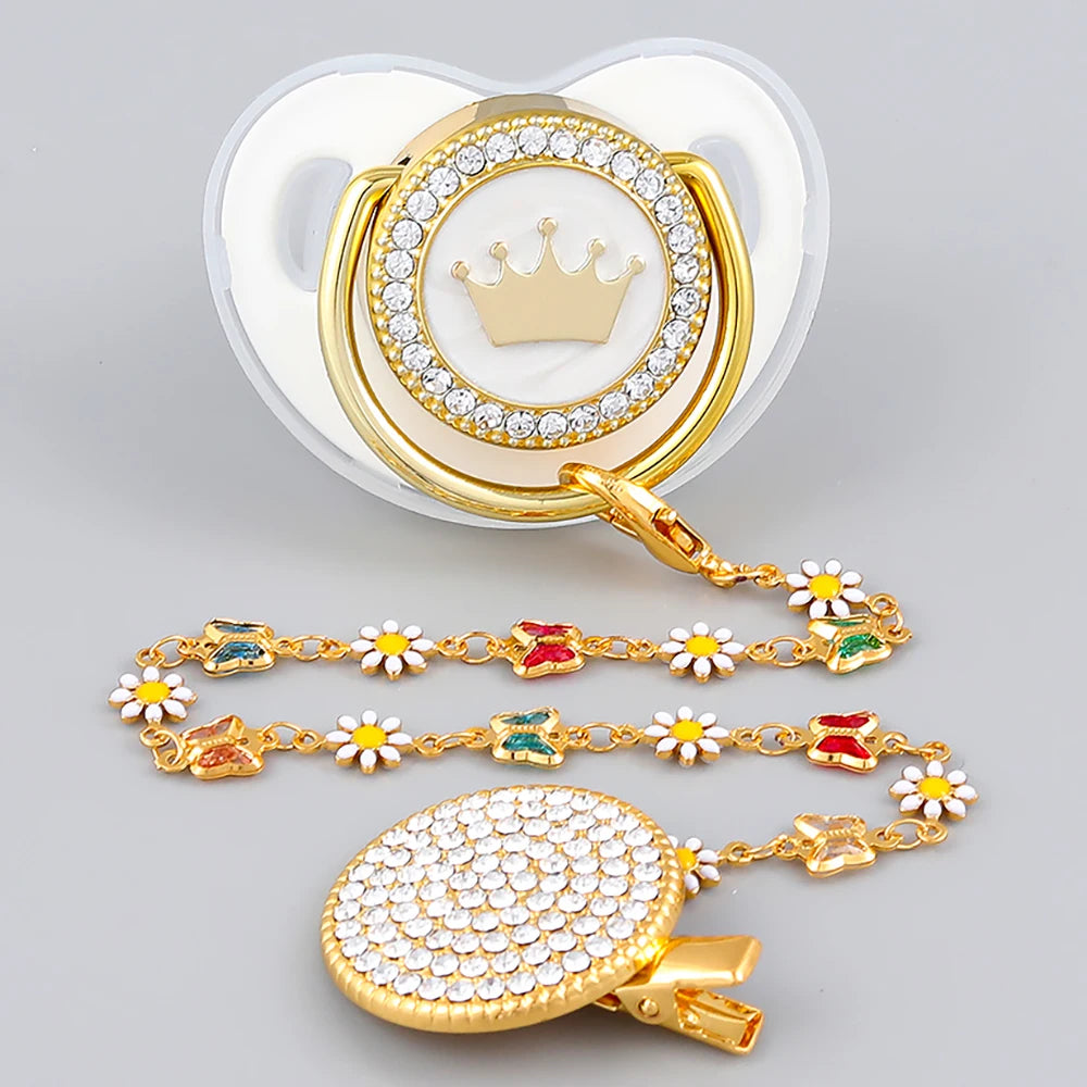 Luxury Baby Corwn Pacifier Gold With Clips Hot Sell BPA Free Silicone Infant White Pacifier For Baby Shower Gift Chupetes