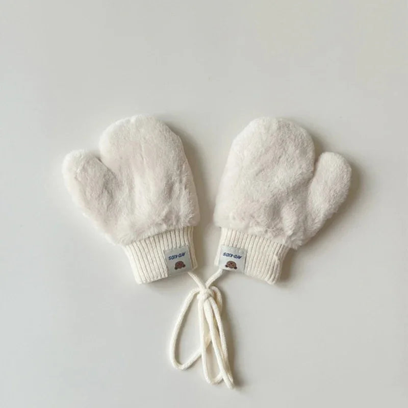 1-4Y Baby Cartoon Bear Label Mittens Winter Warm Kids Girls Gloves Soft Fur Children Toddler Thick Child Fleece Cartoon Mittens