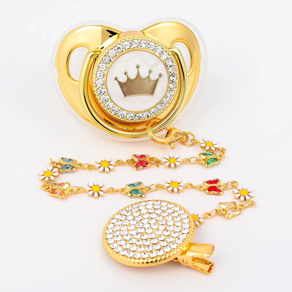 Luxury Baby Corwn Pacifier Gold With Clips Hot Sell BPA Free Silicone Infant White Pacifier For Baby Shower Gift Chupetes