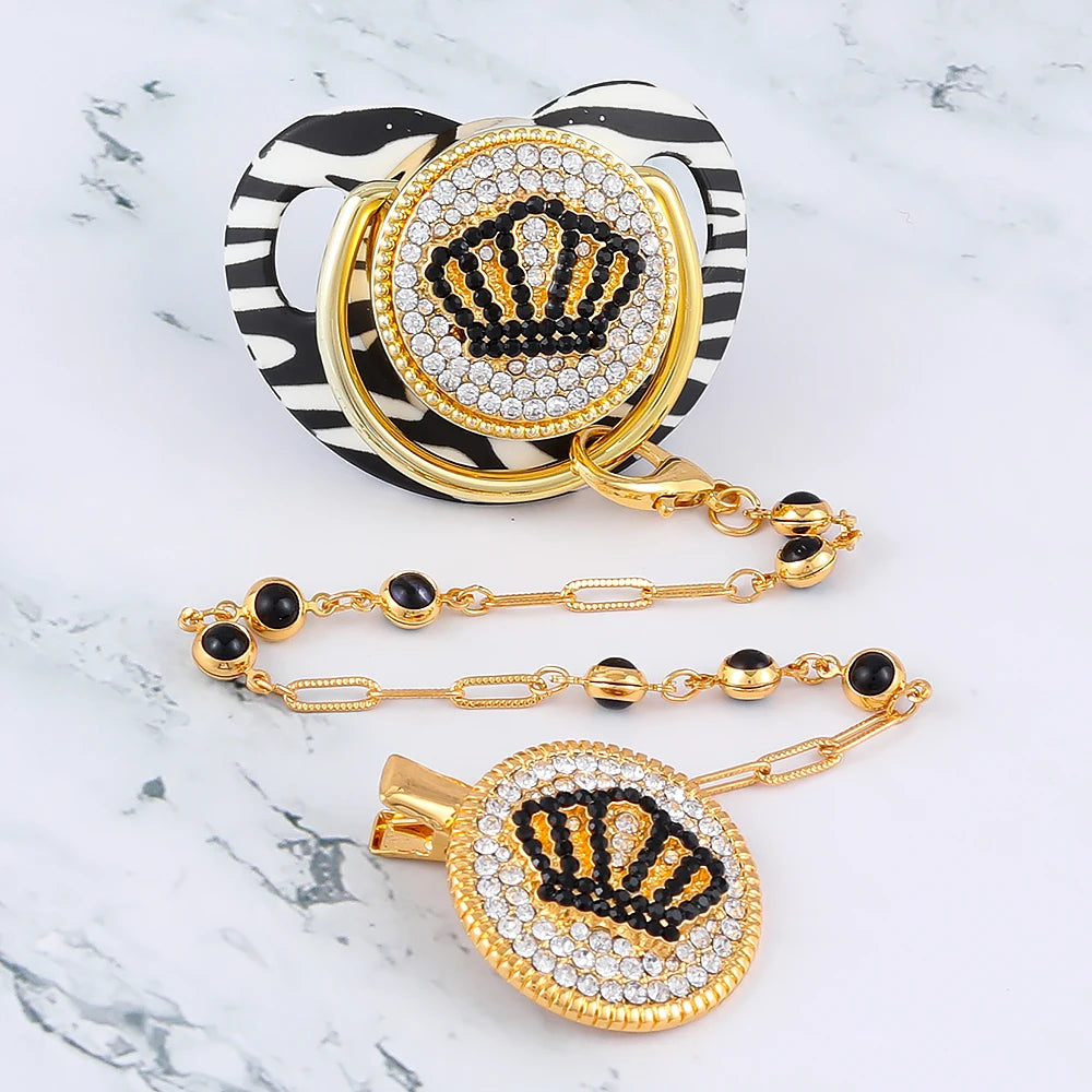 Luxury Pacifier Holder With Crown Baby Shower Gift BPA Free Silicone Pacifier Gold Bling Newborn Dummy Soother Chupetes