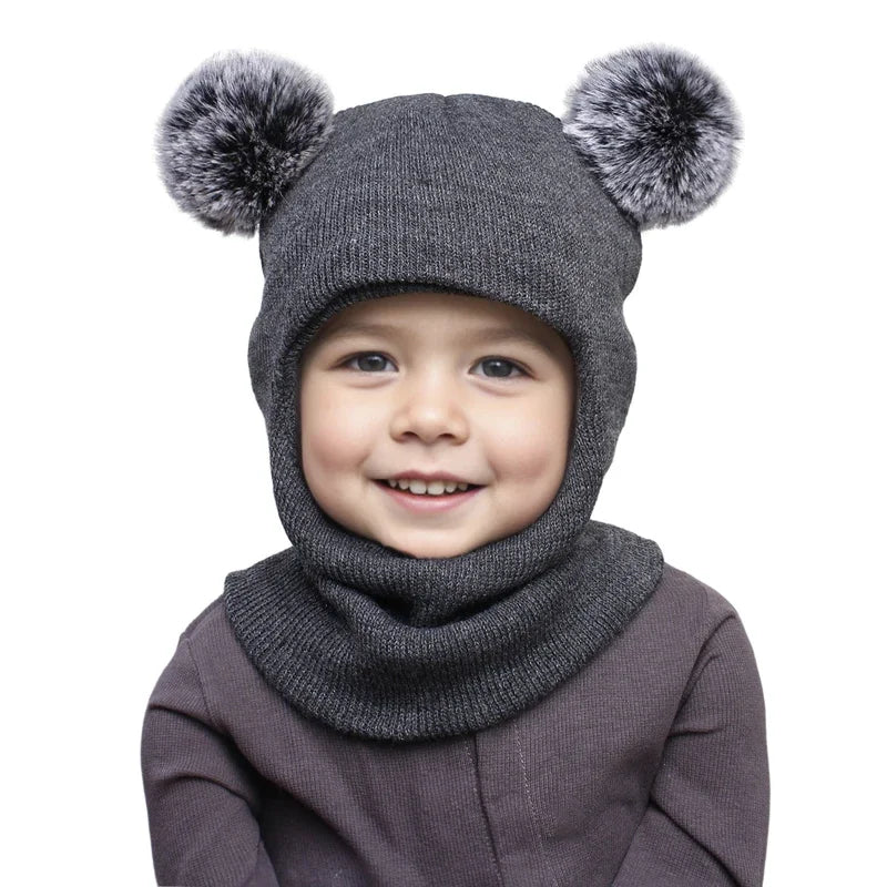 One-Piece Baby Hat Scarf for Boys Cute Pompom Kids Knitted Beanie Winter Infant Girls Cap Ears Neck Warm Protection Bonnet 1-5Y