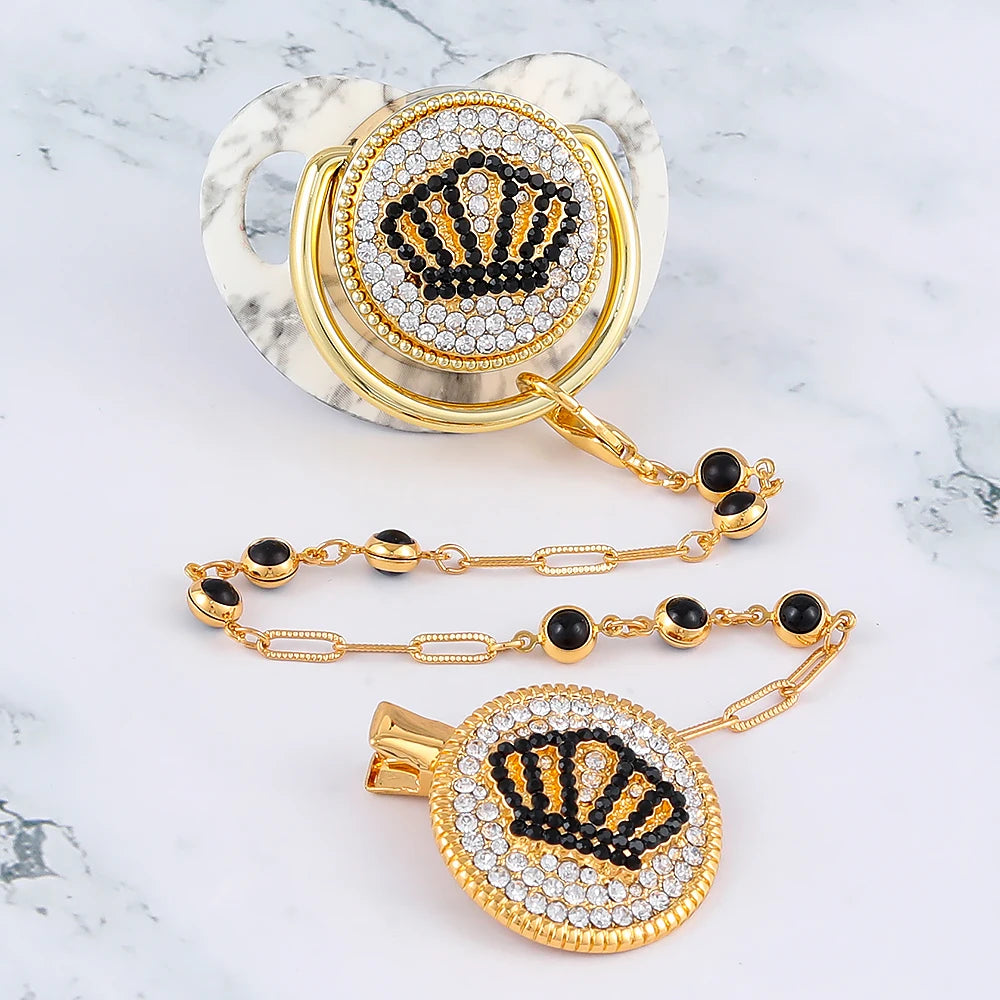 Luxury Pacifier Holder With Crown Baby Shower Gift BPA Free Silicone Pacifier Gold Bling Newborn Dummy Soother Chupetes