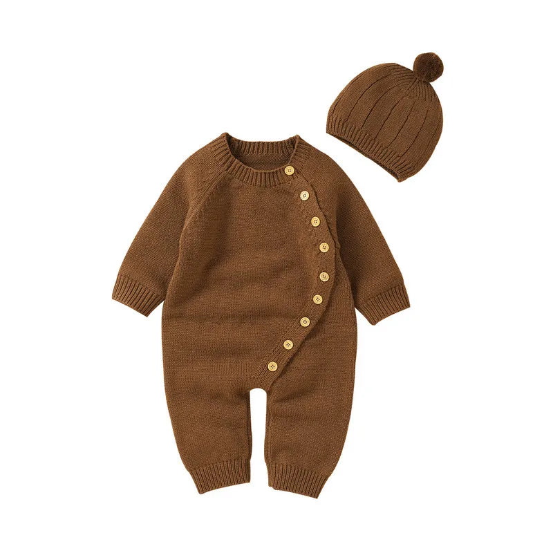New Born Baby Boy Girl Clothes Knit Jumpsuit Fall Winter 2023 Warm Long Sleeve Crew Neck Button Closure Solid Romper with Hat