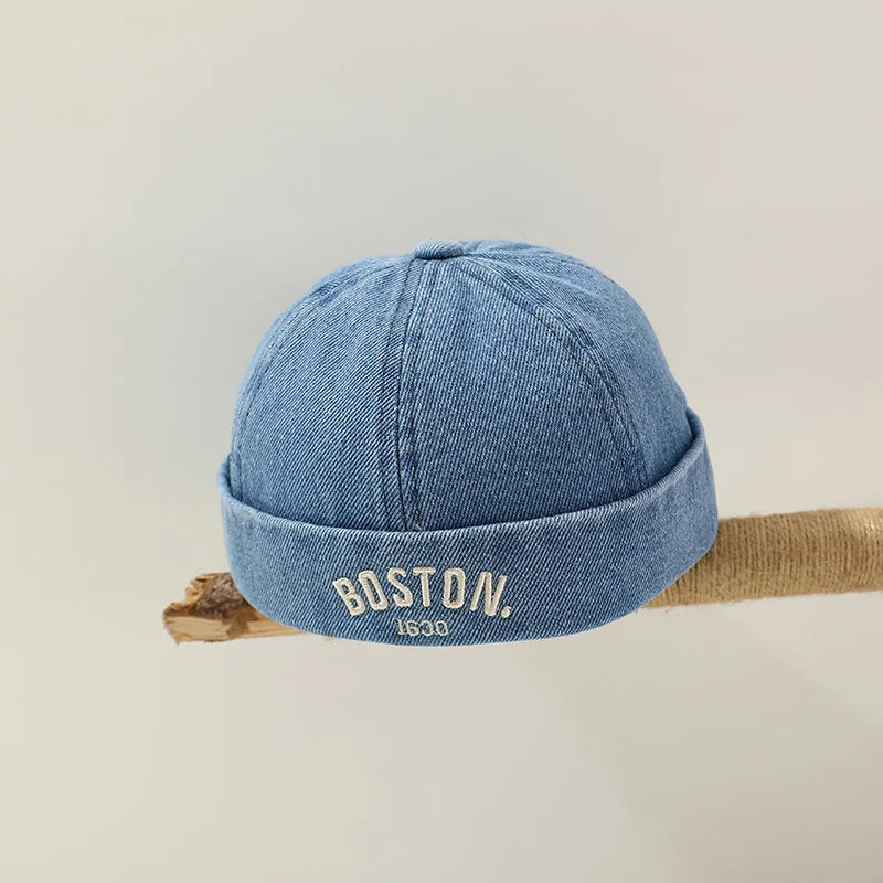 Korean Denim Melon Capfor Baby Hip Hop Letter Embroidered Brimless Hat Adjustable Kids Landlord Hats Retro Dome Docker Beanies