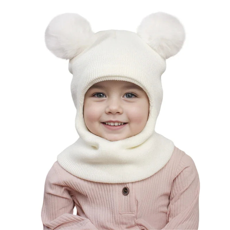 One-Piece Baby Hat Scarf for Boys Cute Pompom Kids Knitted Beanie Winter Infant Girls Cap Ears Neck Warm Protection Bonnet 1-5Y