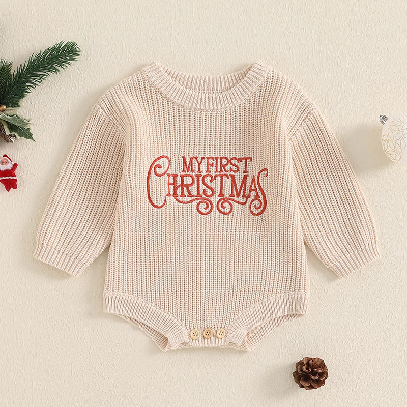 FOCUSNORM 4 Color Autumn Winter Baby Boys Girls Christmas Sweater Romper Letter Embroidery Round Neck Long Sleeve Knit Jumpsuit
