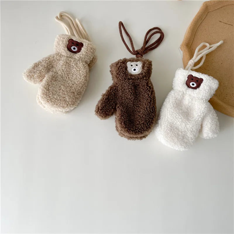 Cute Embroidered Bear Baby Gloves Lamb Wool Winter Boys Girls Full Finger Gloves Outdoor Windproof Warm Kids Mittens