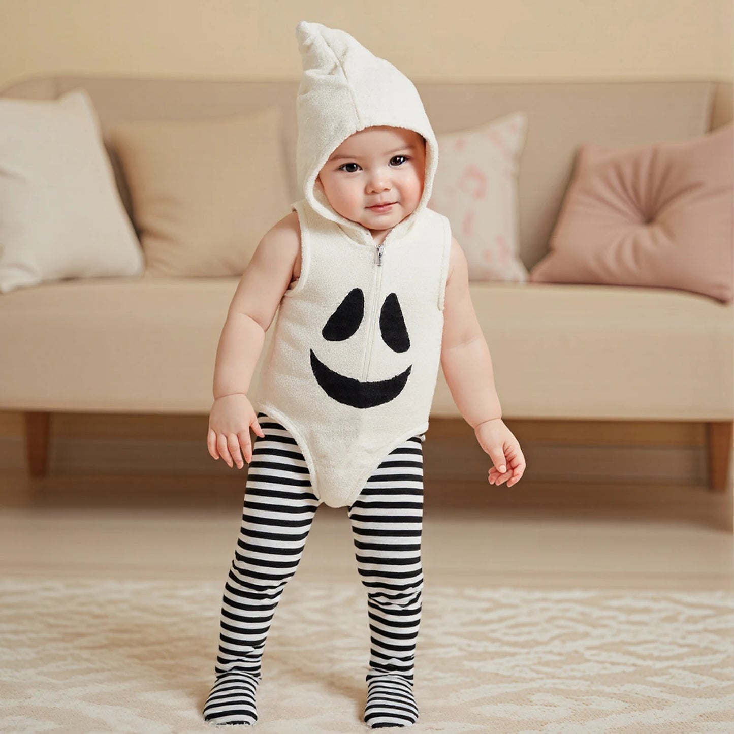 Baby Cosplay Costume Sleeveless Hooded Ghost Romper with Striped Stockings Halloween Clothes for Girls Boys