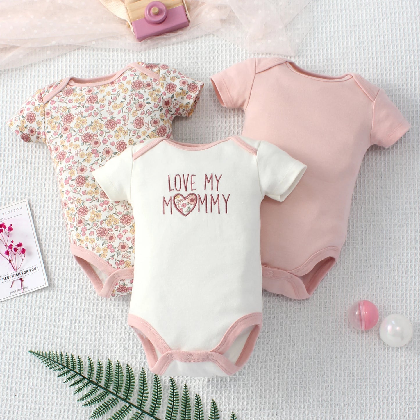 ﻿ 3PCS Summer Baby Girls Three Piece Bodysuit  Animal Kingdom and Elephant Letter Pattern Short Sleeve Bodysuit Mother's Day Gif