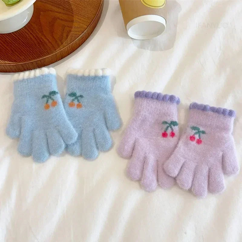 Korean Sweet Cherry Children Kids Warm Gloves Winter Windproof Thicken Boys Girls Kids Cycling Mittens Cute Fashion Baby Gloves