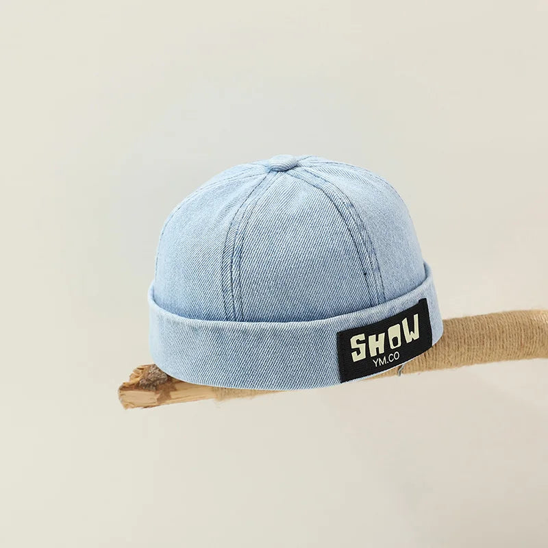 Korean Denim Melon Capfor Baby Hip Hop Letter Embroidered Brimless Hat Adjustable Kids Landlord Hats Retro Dome Docker Beanies
