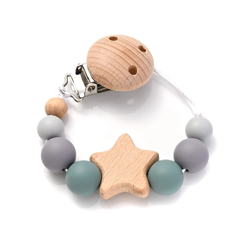 Baby Pacifier Chain Clips Wood Pentagram Teether Silicone Round Beads Teething Chain For Baby Care Soother Chew Toys Shower Gift