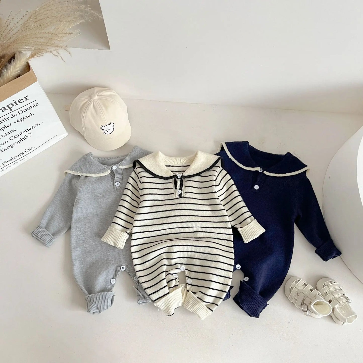2025 Autumn New Baby Sailor Collar Long Sleeve Knitted Romper Infant Boy Girl Casual Striped Jumpsuit Newborn Toddler Clothes