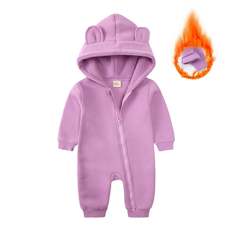 2025 Infant Baby Boys Girls Print Romper Newborn Cotton Fleece Hooded Jumpsuit Toddler Warm Cute Bodysuit Costume For 0-24M
