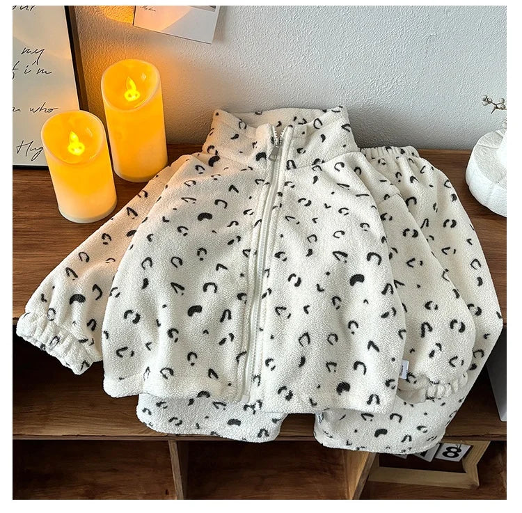 Double Sided Fleece Loungewear Set 2025 Kids Cute Print Soft Skin Friendly Autumn Winter Two Piece Children Outfit