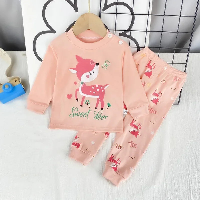 2024 New Kids Boys Girls Pajama Sets Cartoon Print Long Sleeve Cute T-Shirt Tops with Pants Toddler Baby Sleeping Clothing Sets