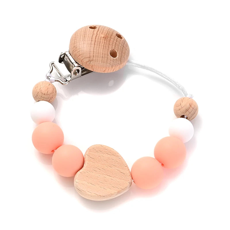 Baby Pacifier Chain Clips Wood Pentagram Teether Silicone Round Beads Teething Chain For Baby Care Soother Chew Toys Shower Gift
