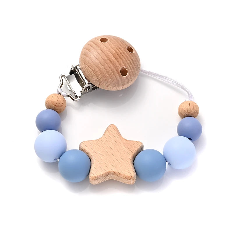 Baby Pacifier Chain Clips Wood Pentagram Teether Silicone Round Beads Teething Chain For Baby Care Soother Chew Toys Shower Gift