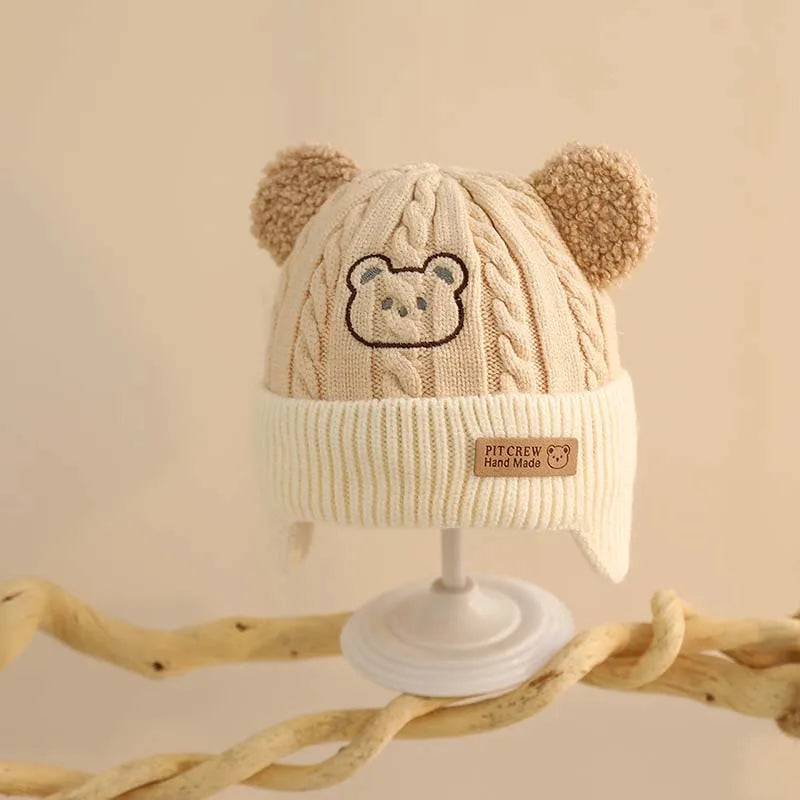 Cute Bear Baby Earmuffs Cap Winter Warm Kids Plush Pullover Hat 6-36Month Toddler Beanies Thicken Velvet Children Crochet Bonnet