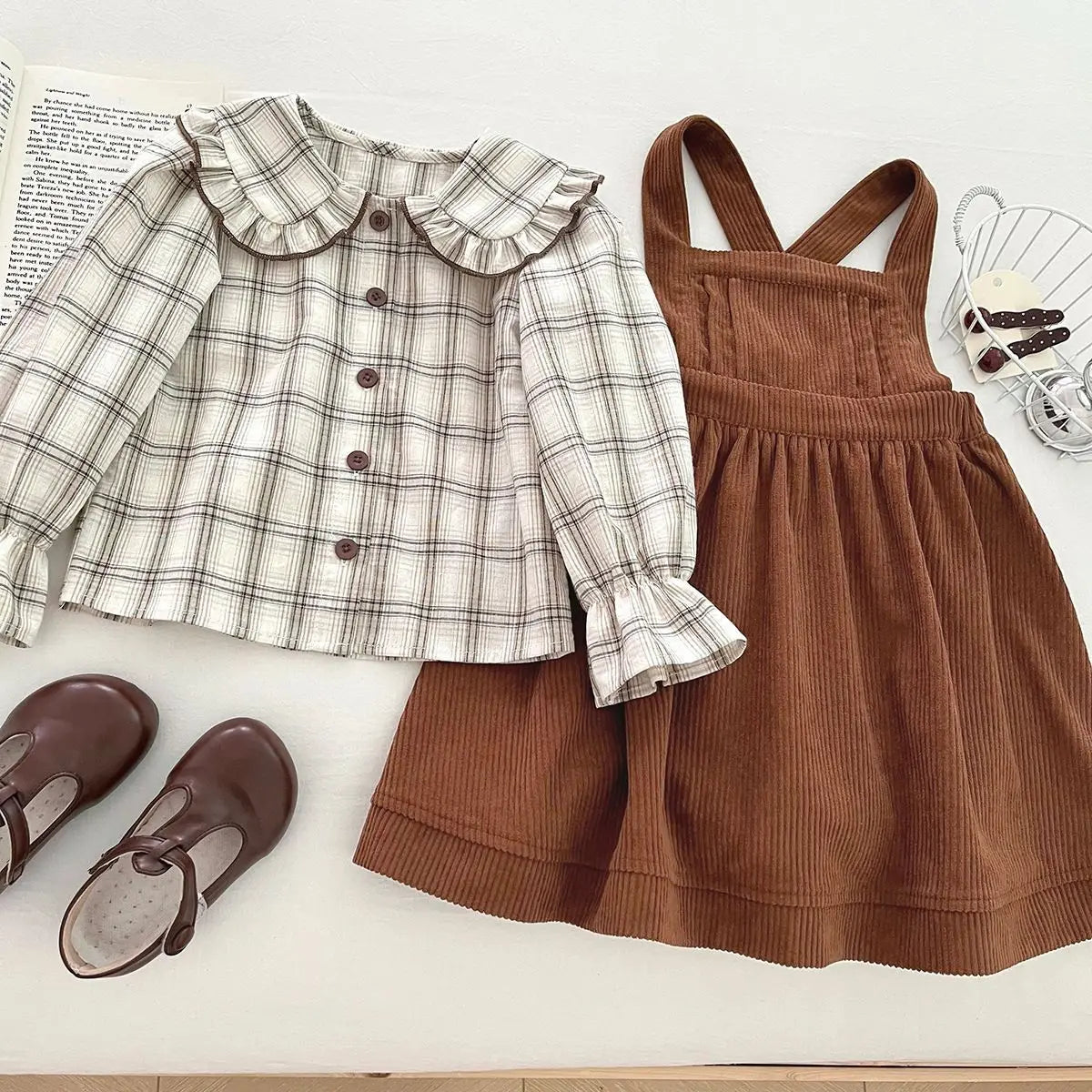 Autumn Children Girls 2PCS Clothes Set Cotton Peter Pan Collar Kid Baby Girl Plaid Shirt Outfit Solid Corduroy Little Girl Dress