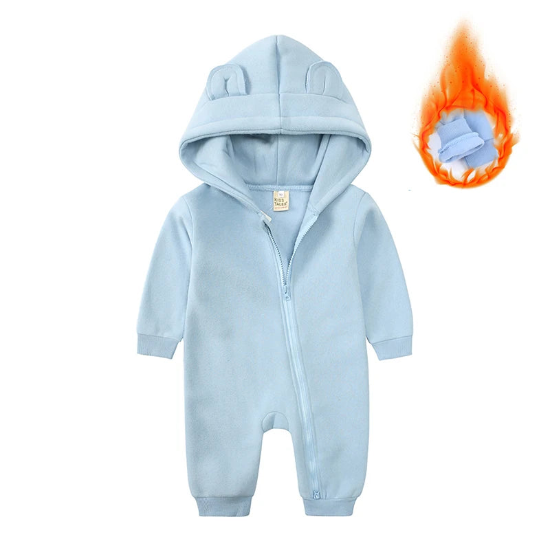 2025 Infant Baby Boys Girls Print Romper Newborn Cotton Fleece Hooded Jumpsuit Toddler Warm Cute Bodysuit Costume For 0-24M