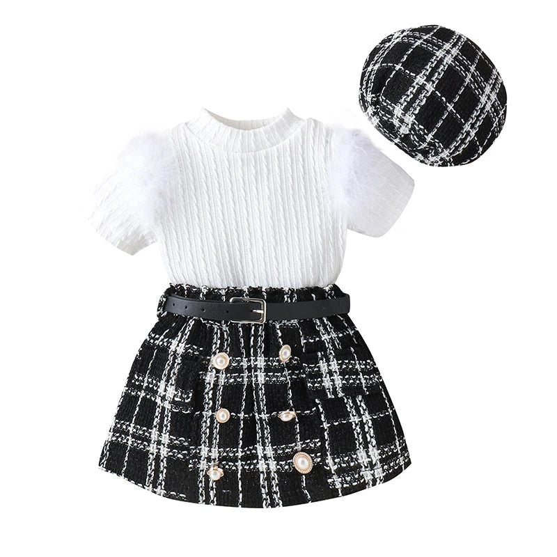 FOCUSNORM 0-4Y Fashion Kids Girls 3Pcs Clothes Sets Outfits Fur Short Sleeve Ribbed Tops + Plaid Belt Skirt + Hat