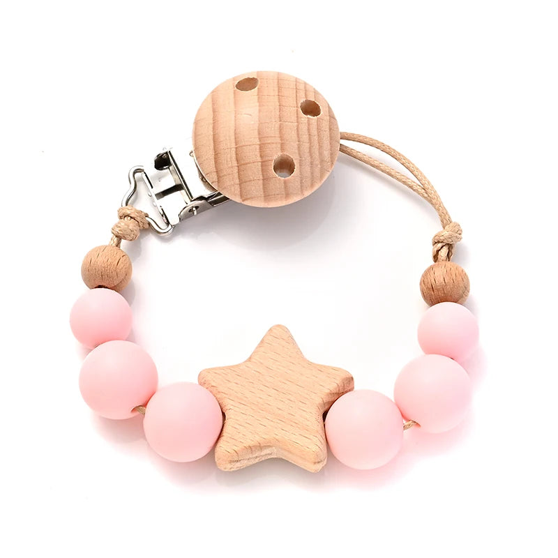 Baby Pacifier Chain Clips Wood Pentagram Teether Silicone Round Beads Teething Chain For Baby Care Soother Chew Toys Shower Gift
