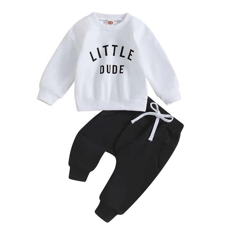 Baby Toddler Boys Fall Winter Outfits Little Dude Letter Printed Long Sleeve Sweatshirts Pants 2Pcs Clothes Set