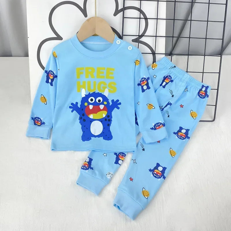 2024 New Kids Boys Girls Pajama Sets Cartoon Print Long Sleeve Cute T-Shirt Tops with Pants Toddler Baby Sleeping Clothing Sets