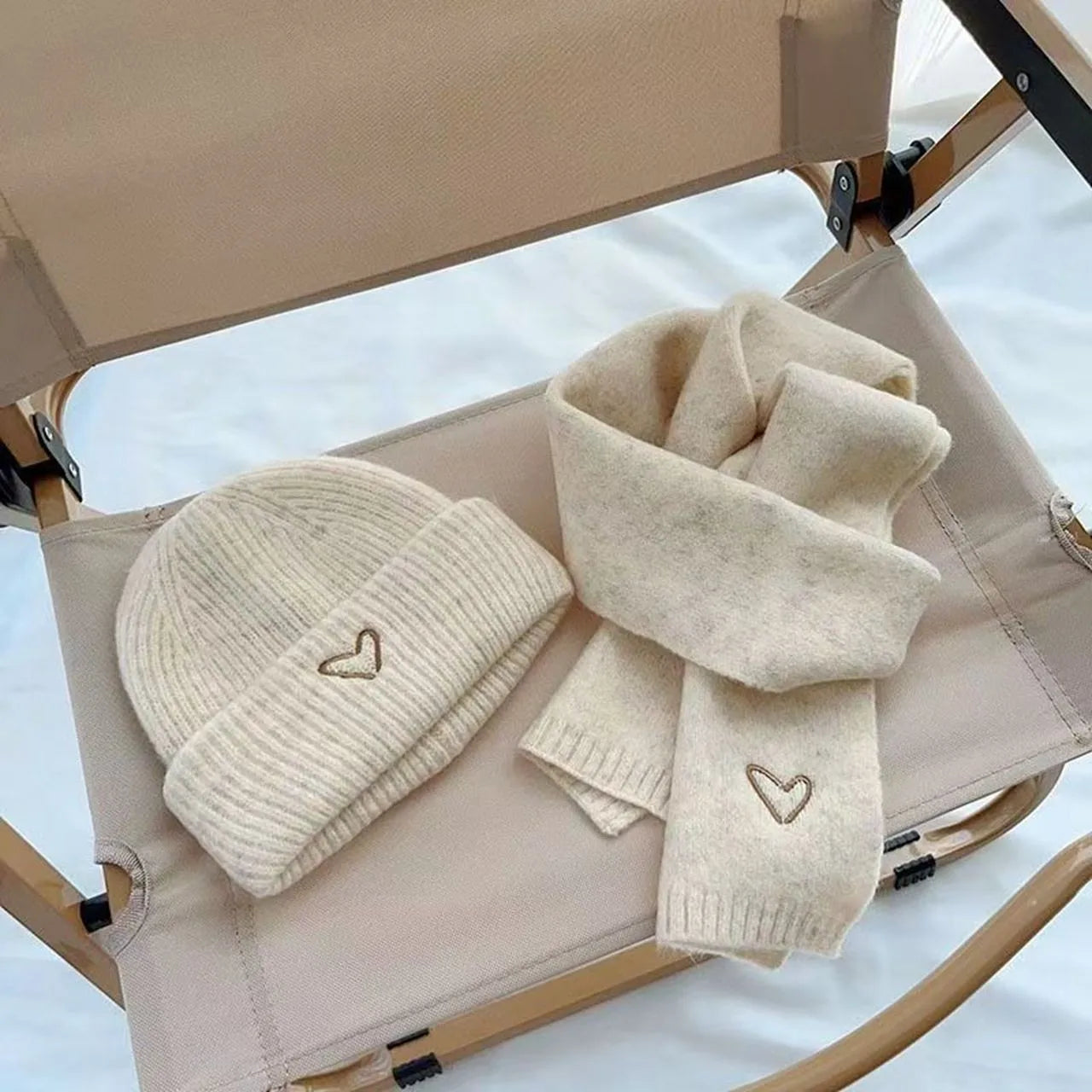 Solid Color Kids Knitted Hat Scarf Love Heart Embroidery Autumn Winter Warm Baby Beanie Outdoor Anti-cold Boys Girls Cap Scarves