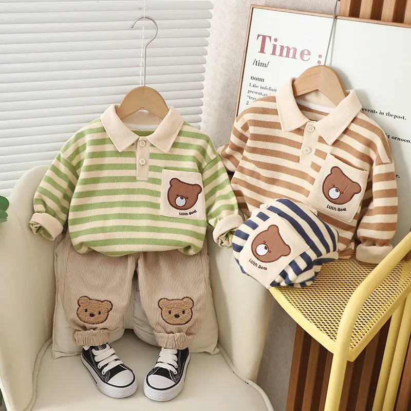 Spring Autumn Children Kids Boys Clothes Infant Strips Cartoon Bear T-shirt Pants 2Pcs/set Toddler Fashion Cloth Kids Tracksuits