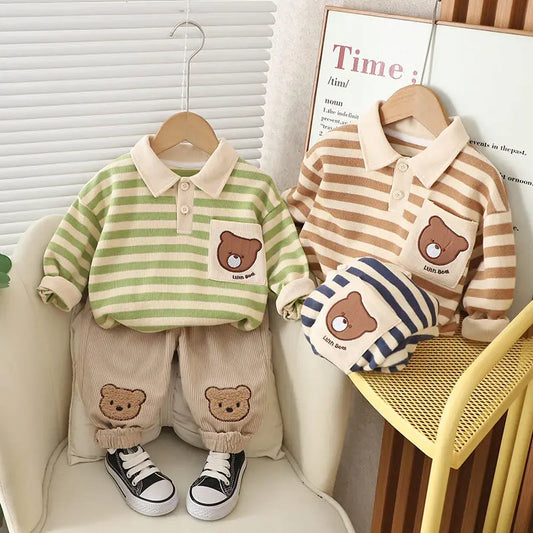 Spring Autumn Children Kids Boys Clothes Infant Strips Cartoon Bear T-shirt Pants 2Pcs/set Toddler Fashion Cloth Kids Tracksuits