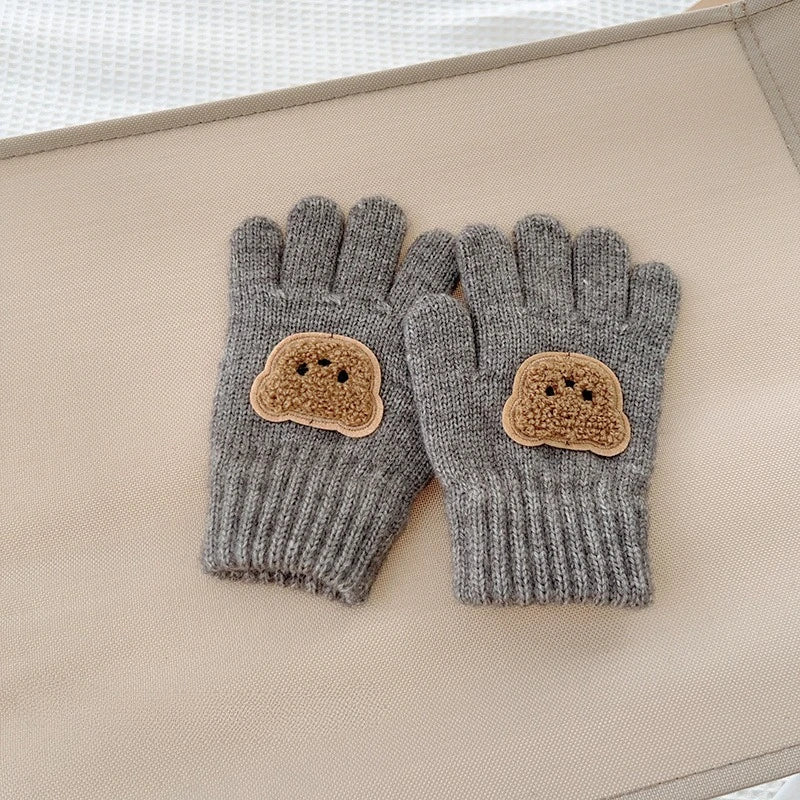 3-7Y Baby Cartoon Bear Mittens Winter Warm Kids Girl Solid Doll Gloves Knitted Children Toddler Thick Teething Mitten Handschoen