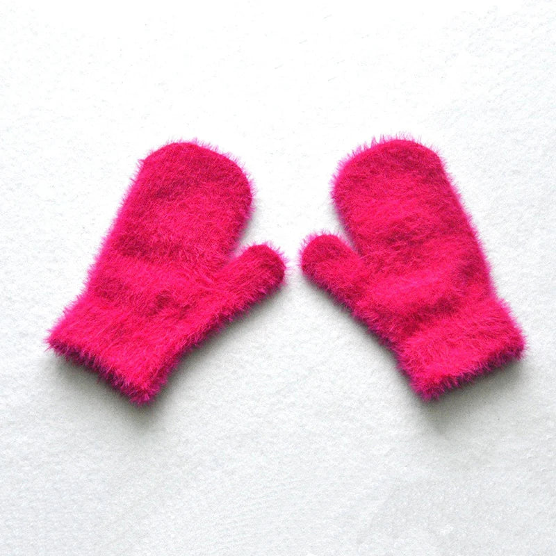 Baby Short Gloves Winter Faux Sable Children Solid Thickened Plush Furry Full Finger Mittens Autumn Hand Warmer 1-4 Years Old