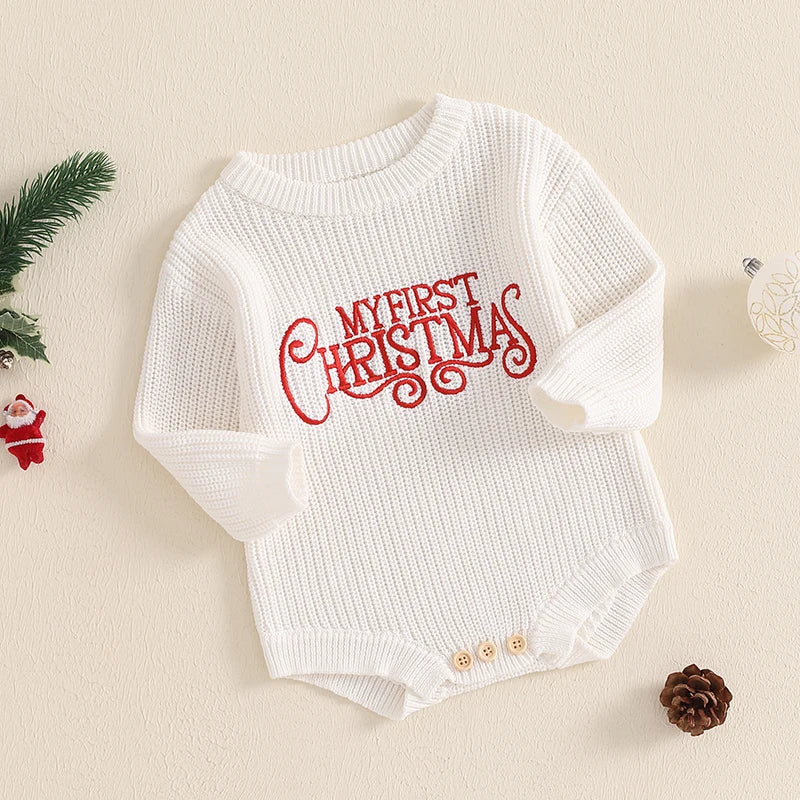 FOCUSNORM 4 Color Autumn Winter Baby Boys Girls Christmas Sweater Romper Letter Embroidery Round Neck Long Sleeve Knit Jumpsuit