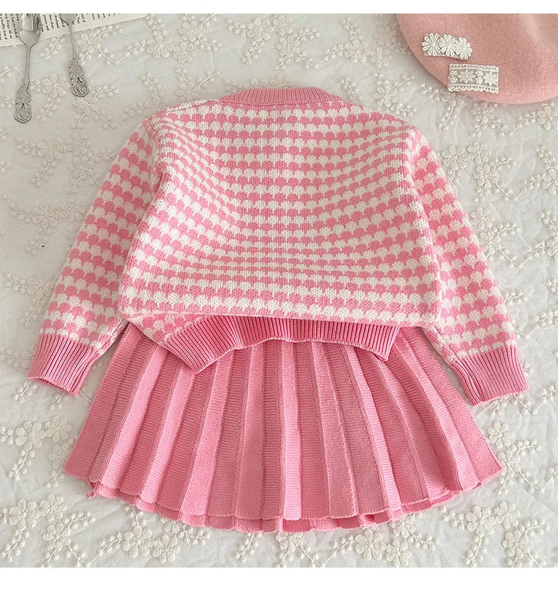 Autumn Campus Style Girls' Clothing Sets Sweet Sweater Cardigan Knitted Jacket +short Pleated Skirt Toddler Girl Clothes