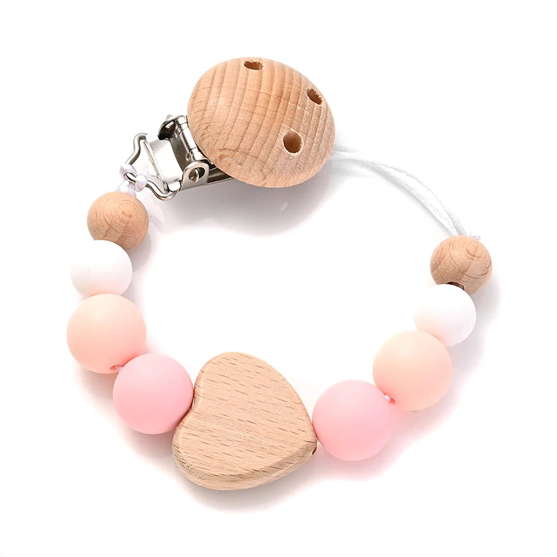Baby Pacifier Chain Clips Wood Pentagram Teether Silicone Round Beads Teething Chain For Baby Care Soother Chew Toys Shower Gift