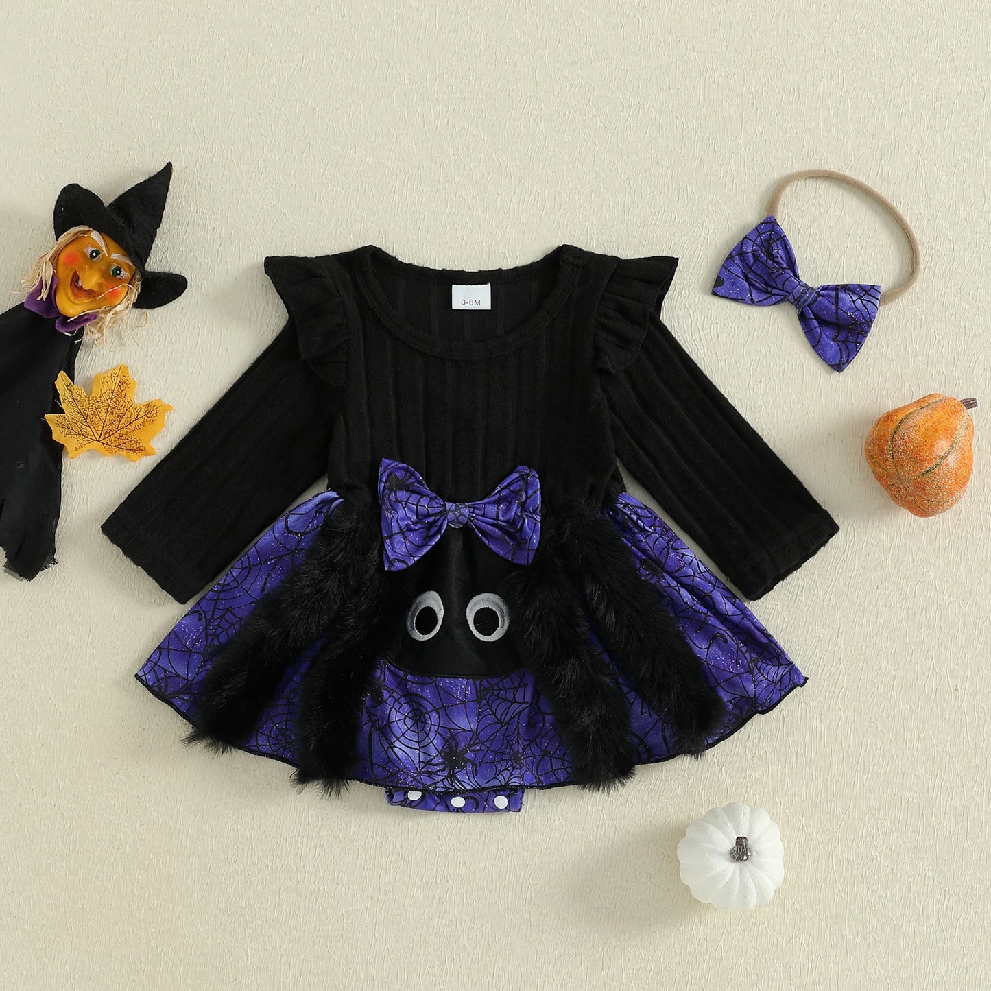0-18 Months Baby Girl Halloween Romper Dress Cartoon Bat Long Sleeve Round Neck Jumpsuit with Bow Headband